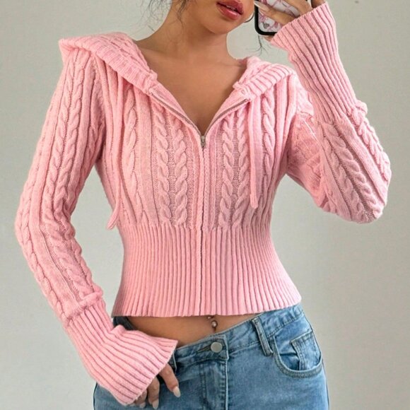 Sweaters - Pink Casual Women's Drawstring Hooded Cardigan